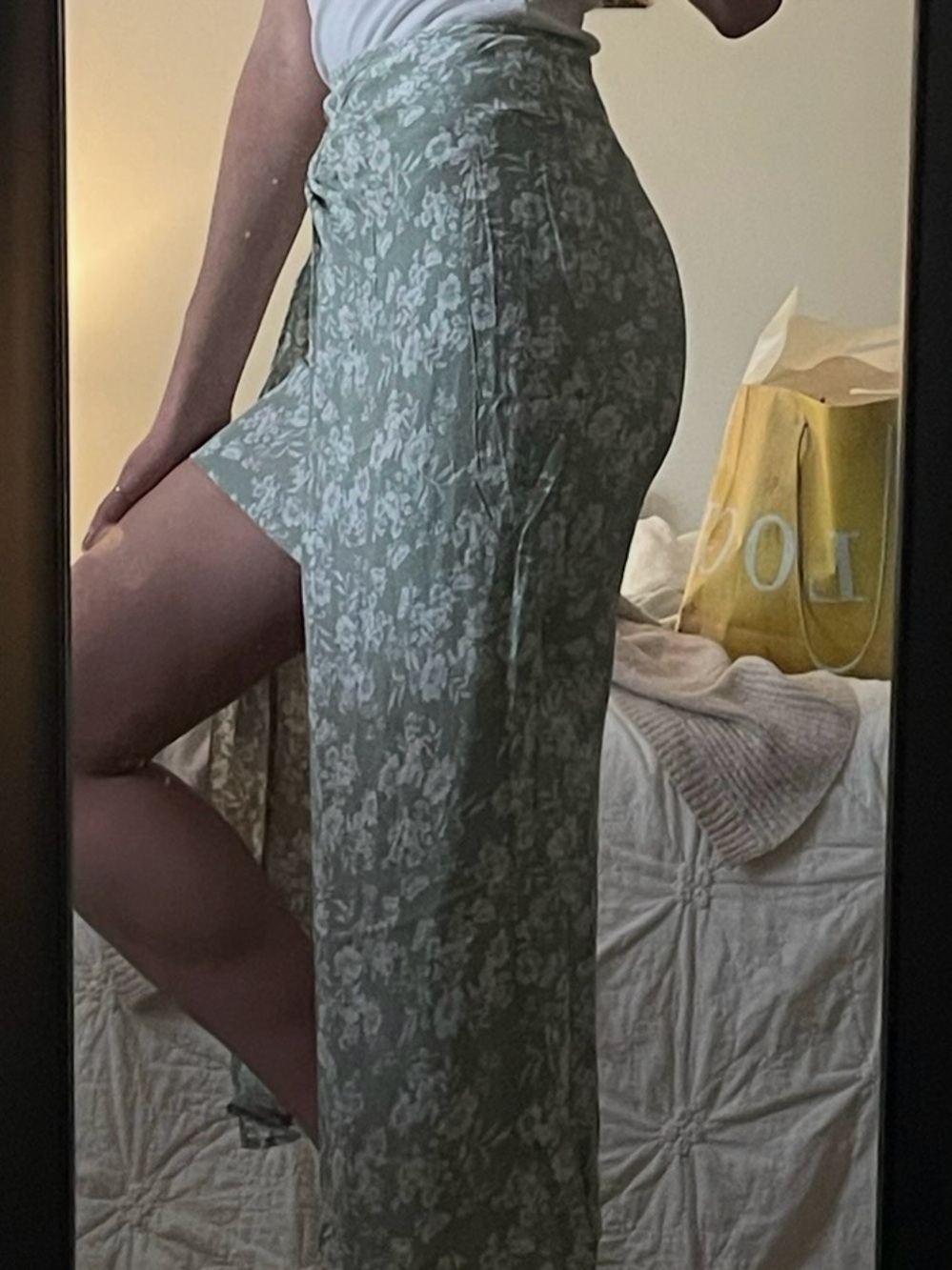 Francesca's Collections Sage Floral Wrap Maxi Skirt with Side Slit